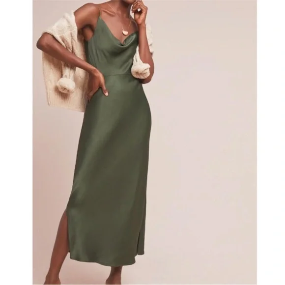 NWOT Anthropologie Elyse Cowl Neck Slip Dress in Moss Green Size XS - Picture 1 of 6